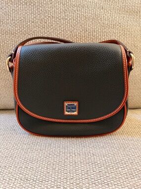 Dooney & Bourke Black Pebble Leather Flap Crossbody Bag British Tan Trim